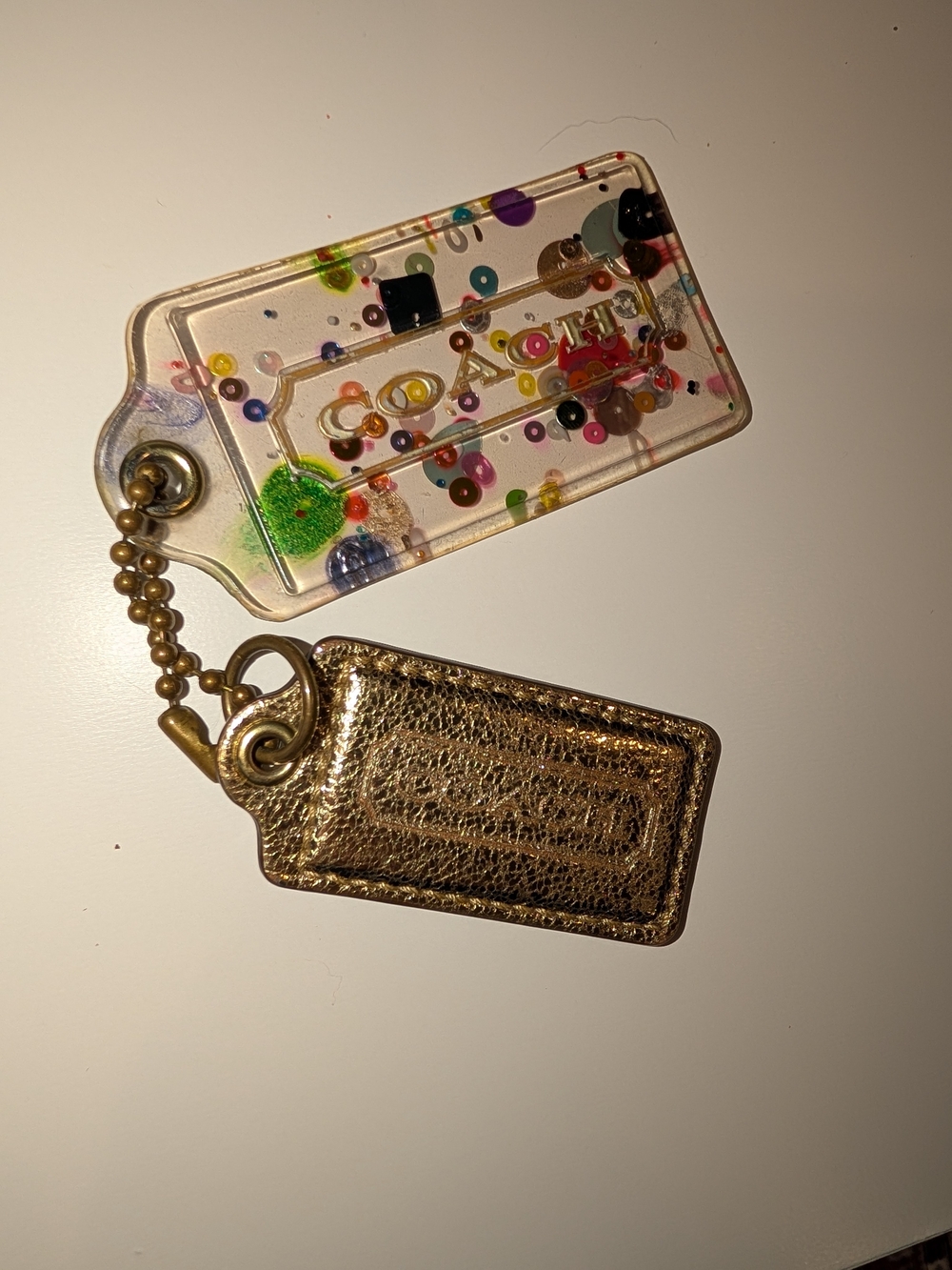 Coach Gold Metallic Leather Tag with Clear Confetti Acrylic Charm